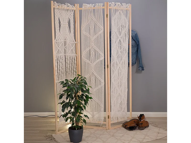 PARAVENT Boho 3 pièces. 166x123 cm, avec nouage en macramé couleurs naturelles