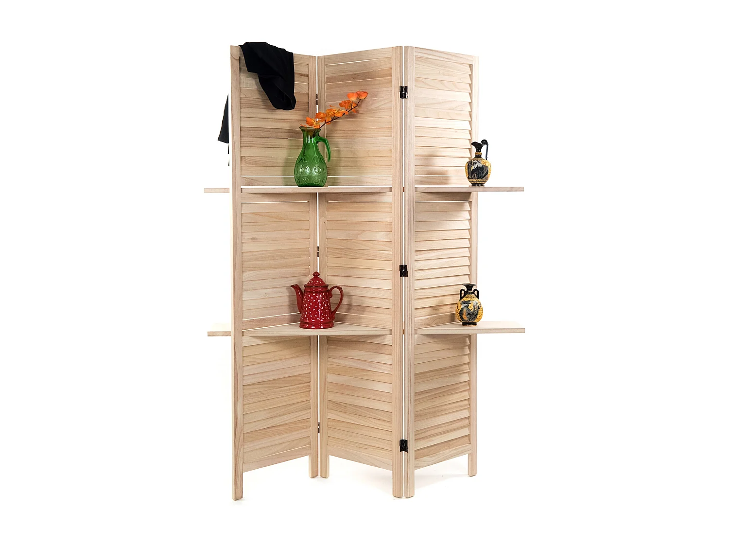 PARAVENT Cottage II  3-pièces Bois, avec 2 étagères natur