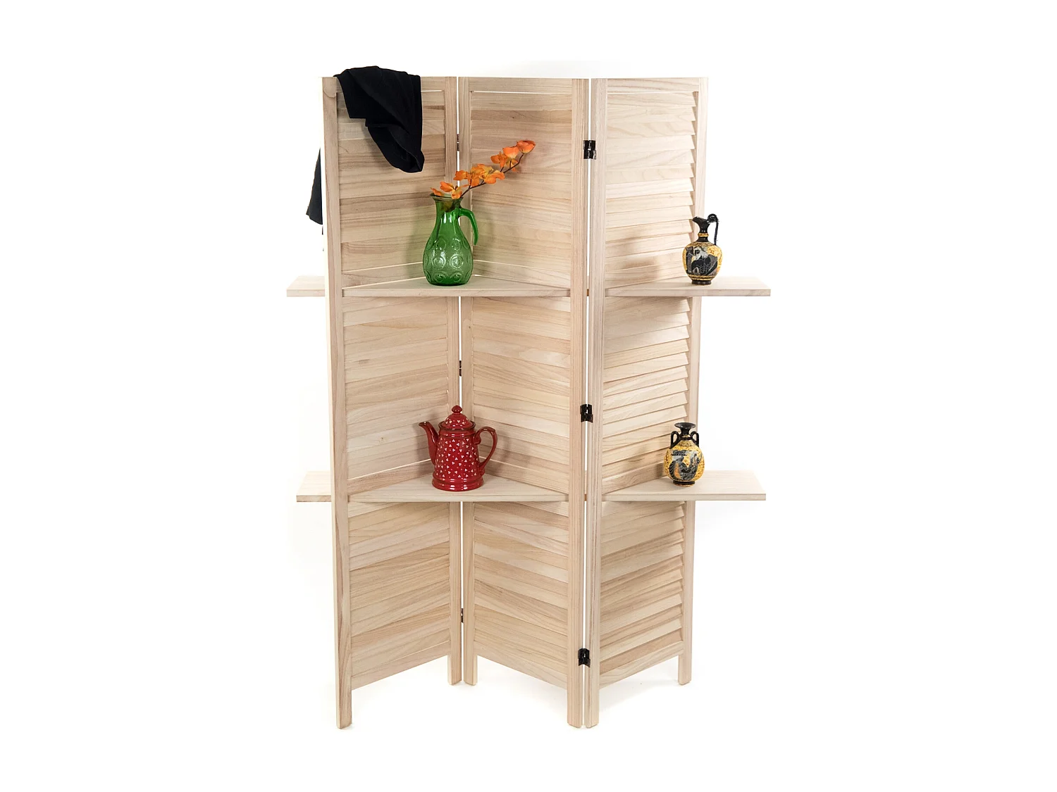 PARAVENT Cottage II  3-pièces Bois, avec 2 étagères natur