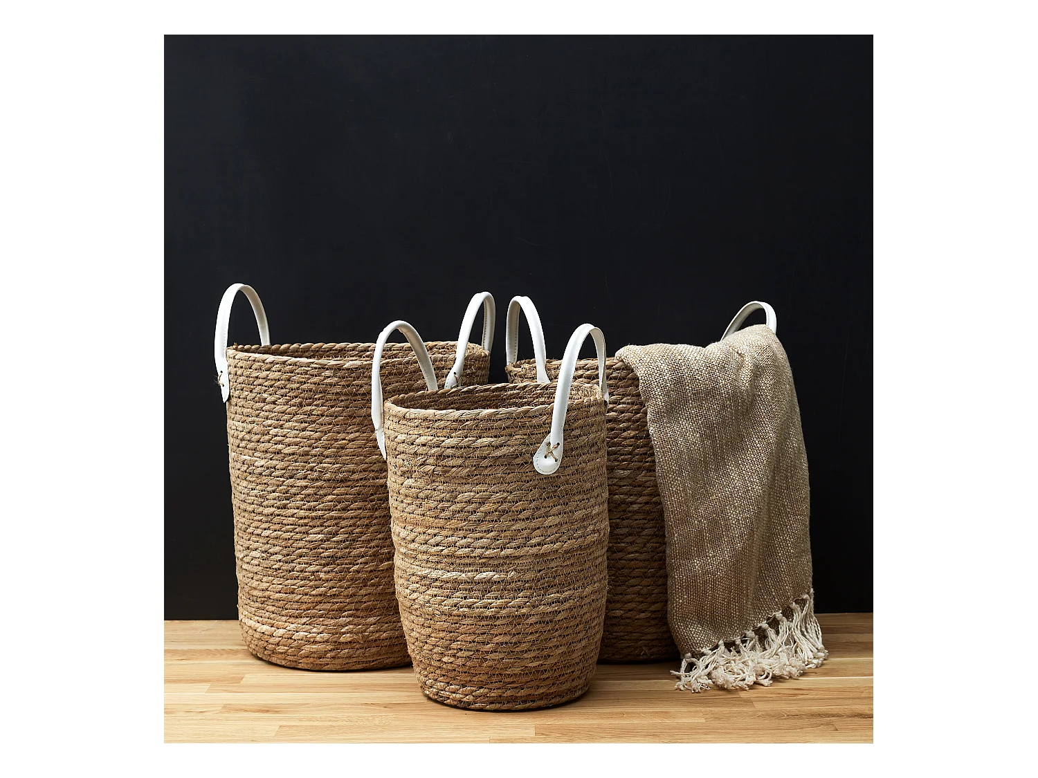 Lot de 3 Paniers Déco "Tressé" 45cm Naturel & Blanc
