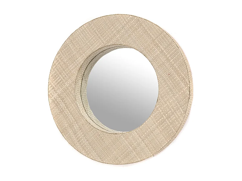 MIROIR MURAL LAISSE 50 rond, orné de feuilles de pandanus brun clair