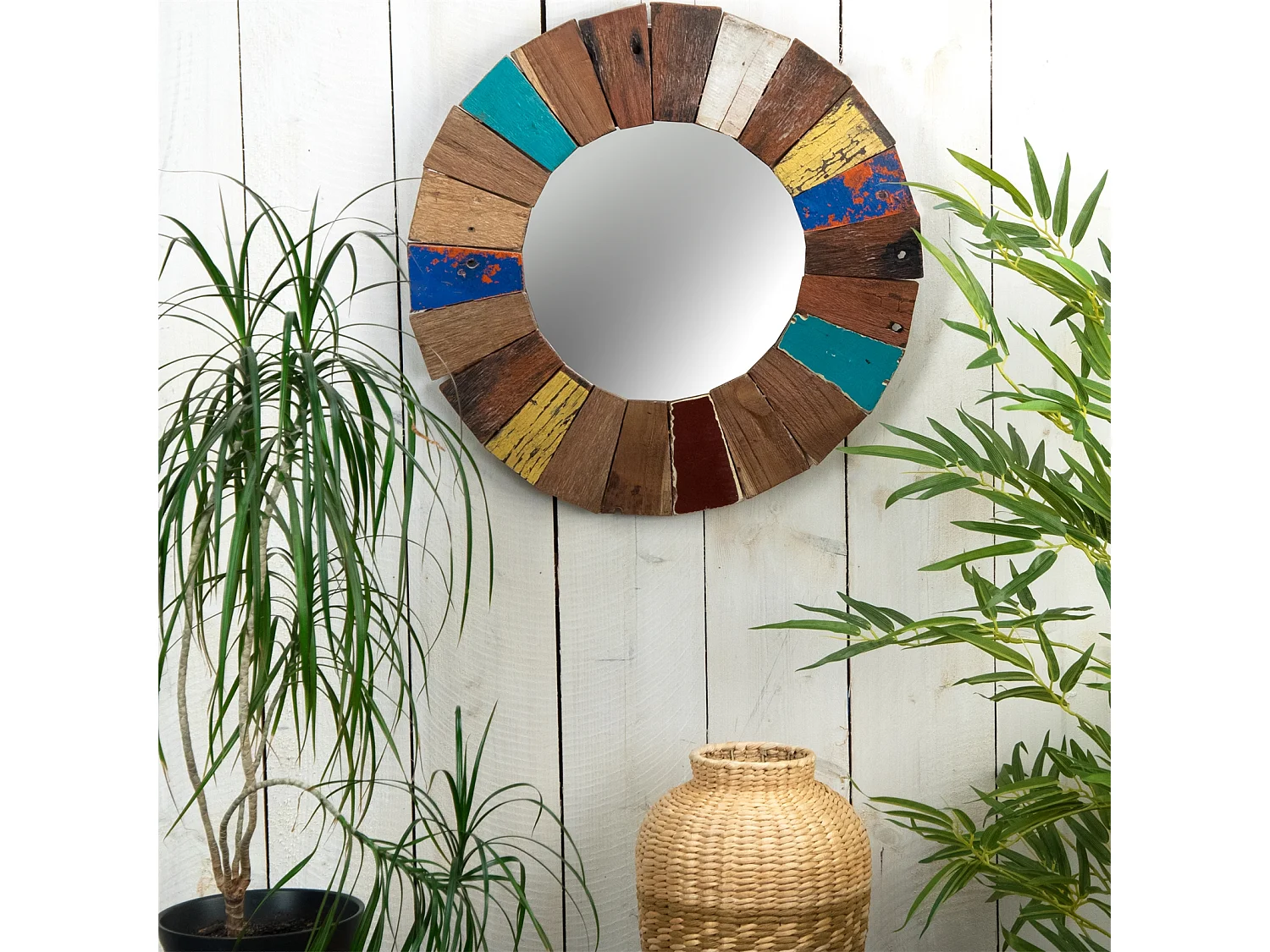 WANDSPIEGEL Poppy Recyclingholz massiv, rund bunt