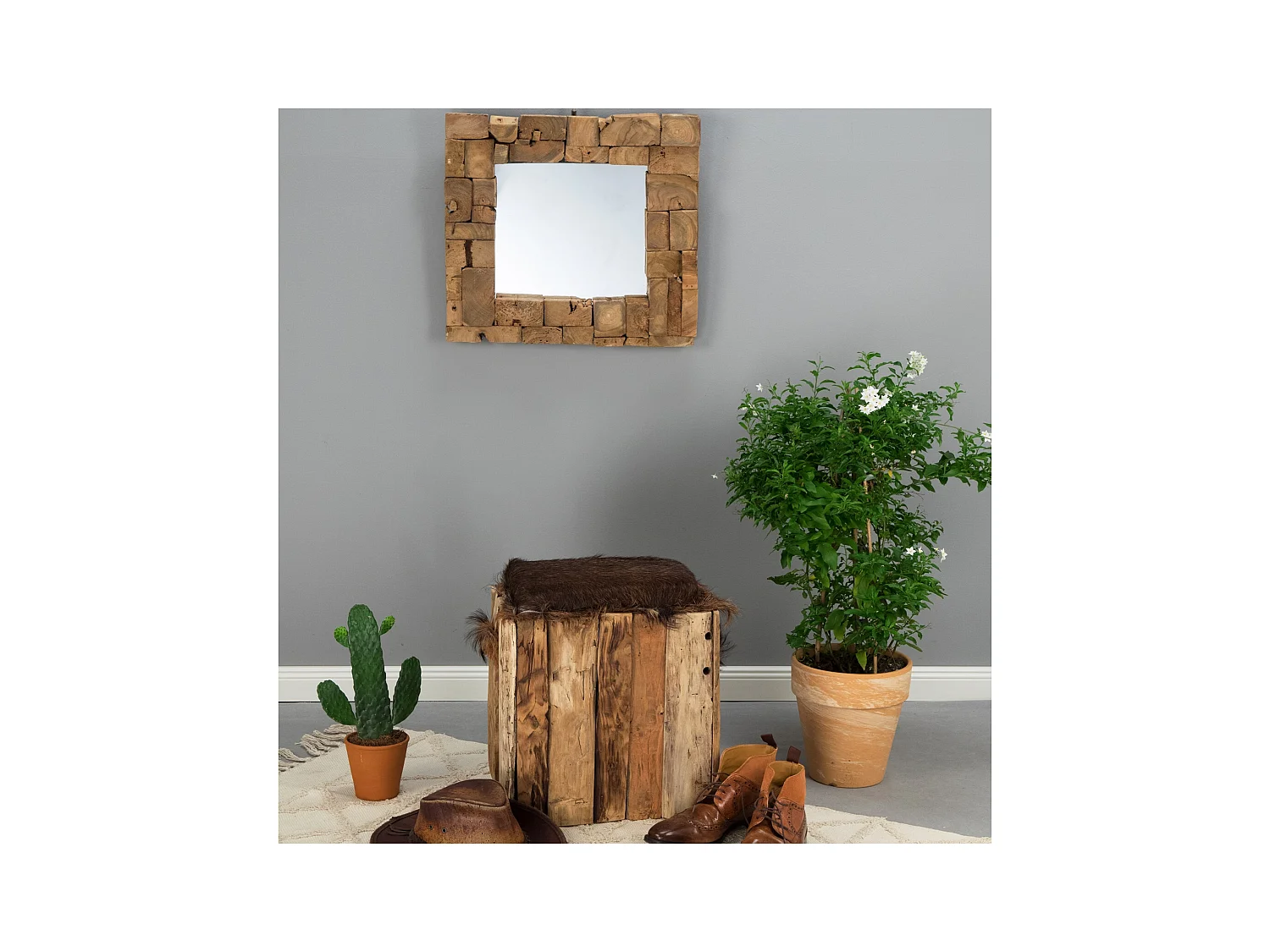 MIROIR MURAL Mosaïque 50x50cm bois massif couleurs naturelles