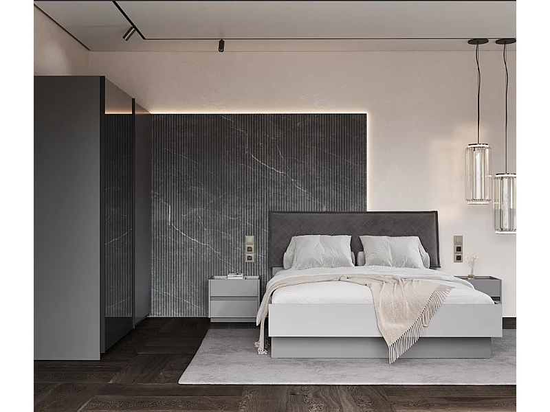 Chambre complète TEO lit + 2 chevets + commode anthracite