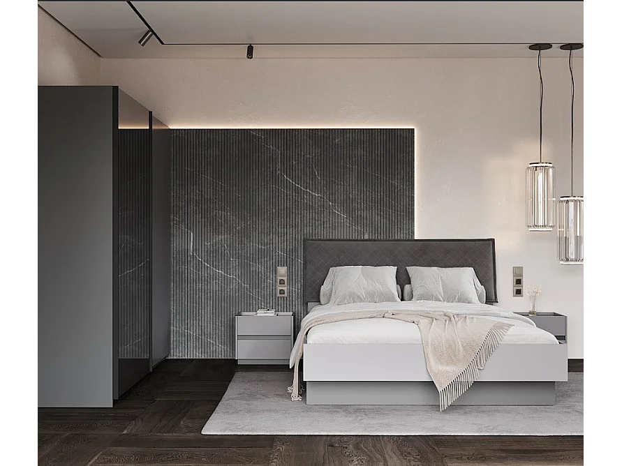 Chambre complète TEO lit + 2 chevets + commode anthracite