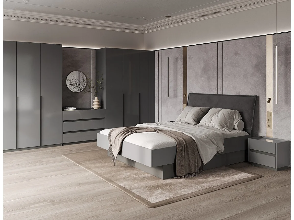 Chambre complète TEO lit + 2 chevets + commode anthracite