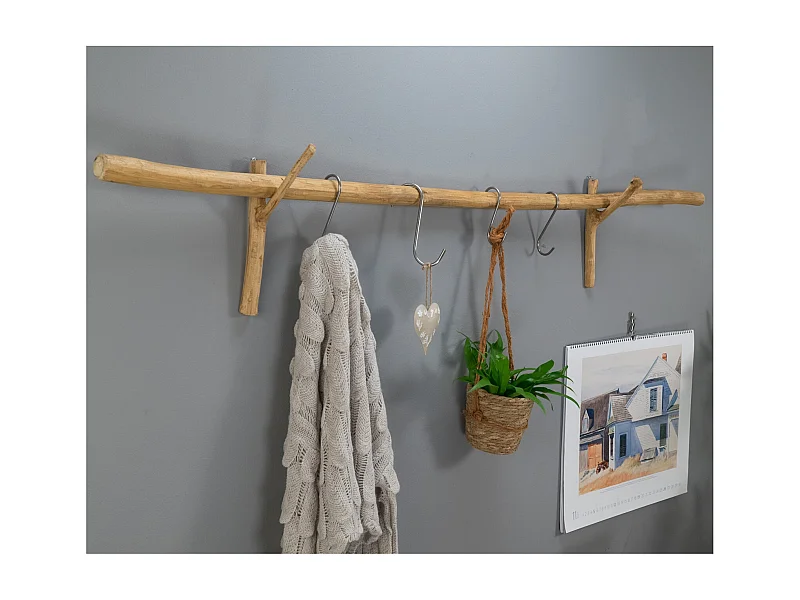 TRINGLE À RIDEAU Vara 170 cm, Teck massif avec crochets muraux en bois de nœud