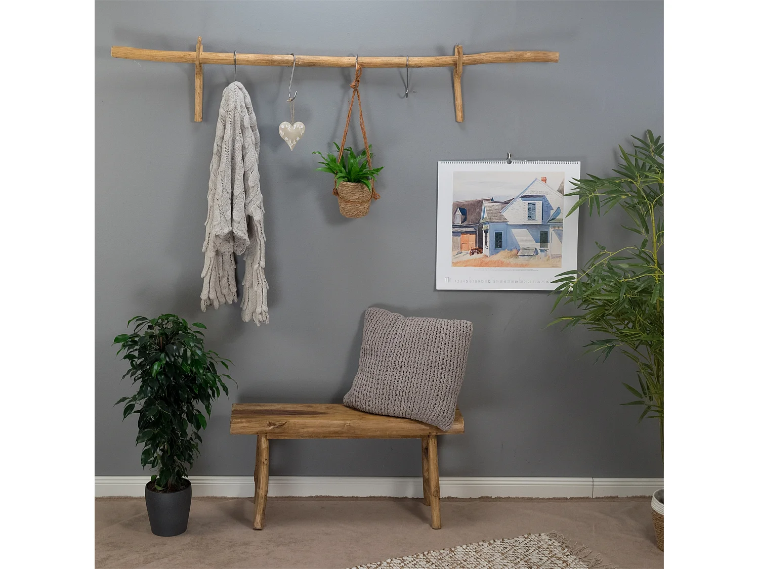 GARDINENSTANGE Vara 170 cm, Teak Massivholz mit Ast-Wandhaken