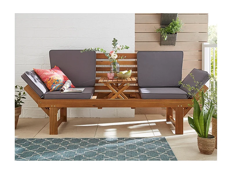 GARTENBANK Akazie 200 Multifunktionell, mit Polstern, integrierter Tisch naturfarben