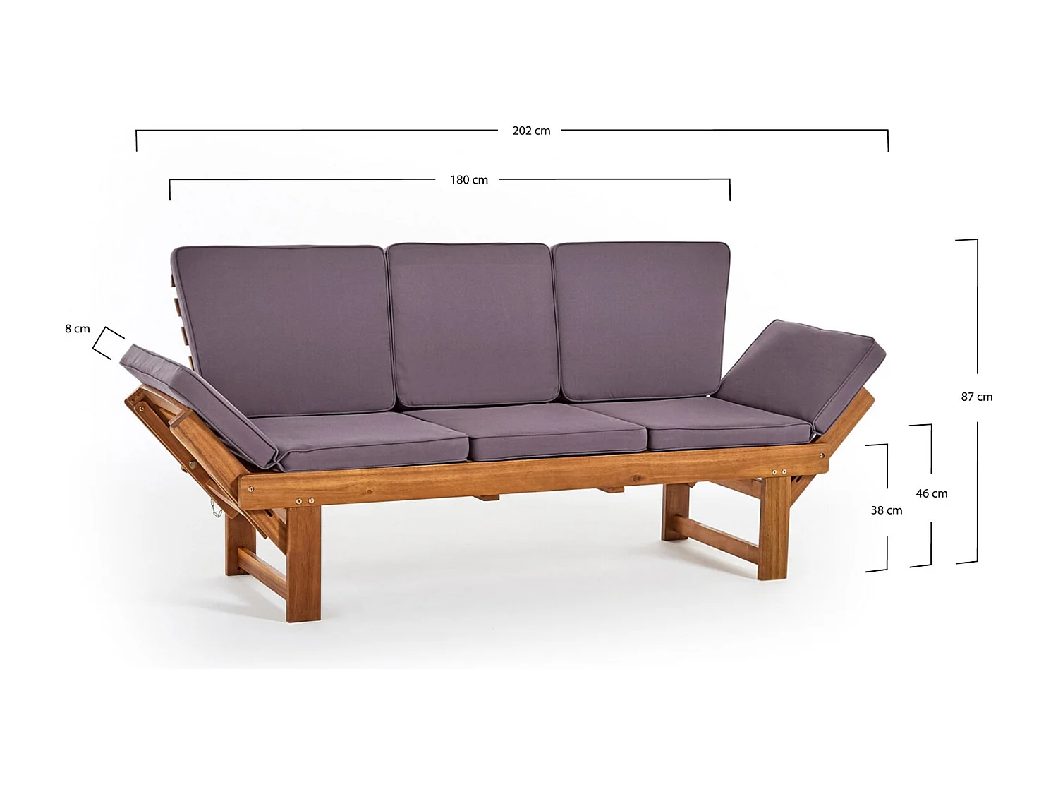 GARTENBANK Akazie 200 Multifunktionell, mit Polstern, integrierter Tisch naturfarben