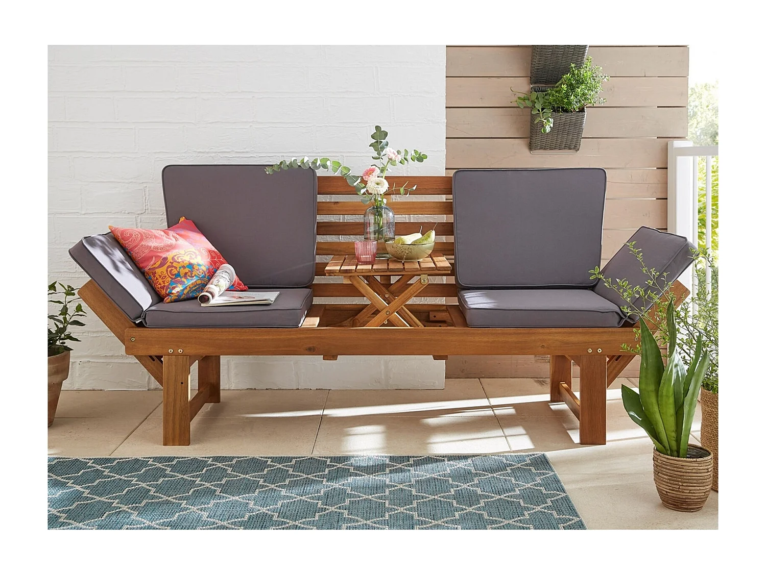 GARTENBANK Akazie 200 Multifunktionell, mit Polstern, integrierter Tisch naturfarben