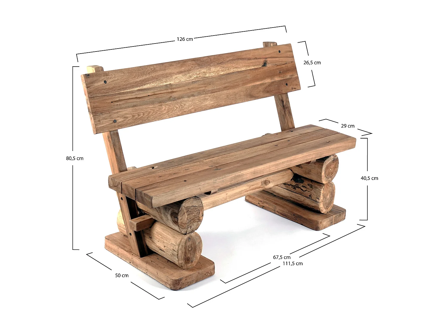 SITZBANK Anton 120cm, Teak Massivholz, mit Lehne naturfarben