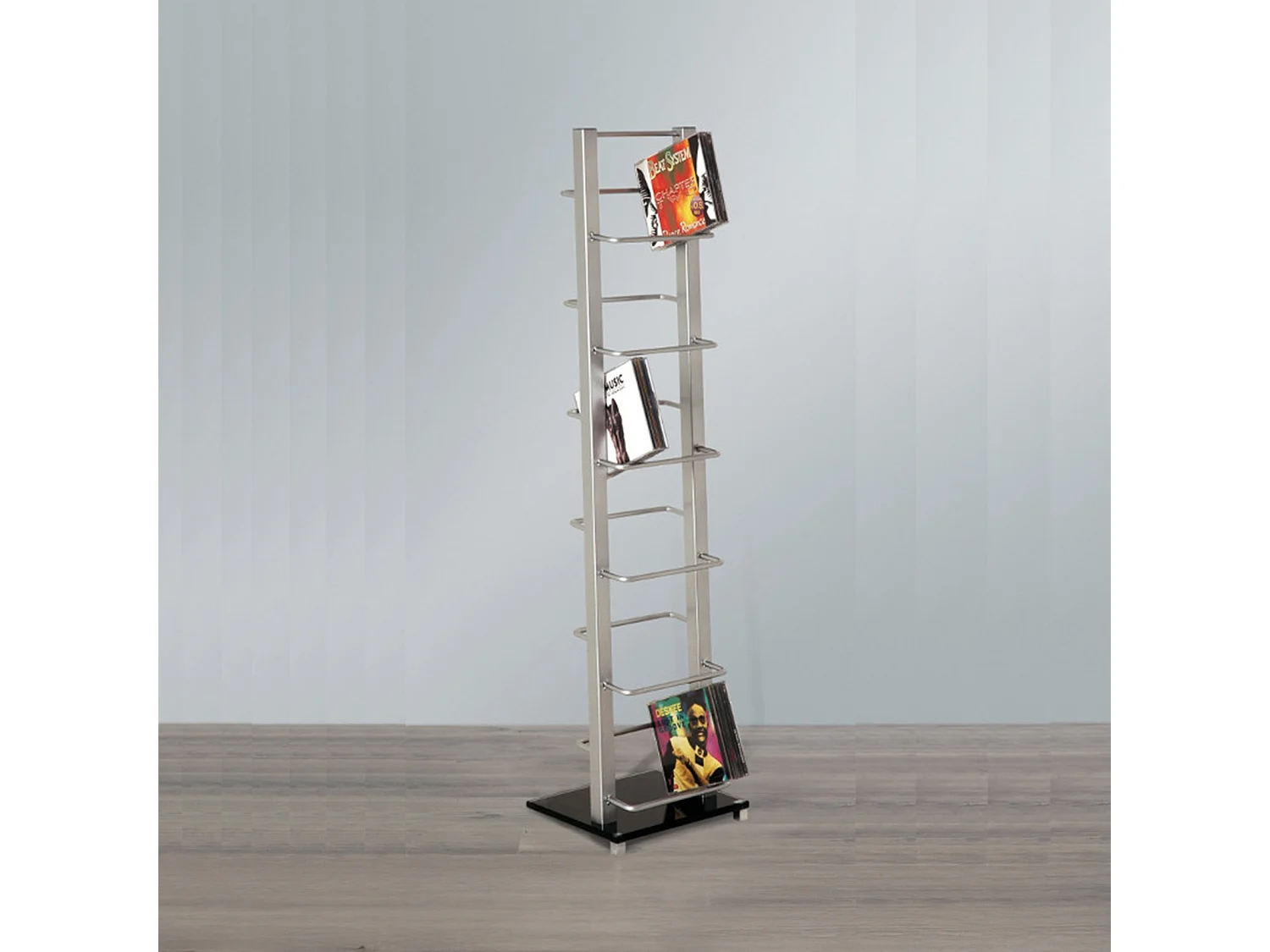 CD STÄNDER  LOUNGE TOWER 92 Aluminium / Glas, für 85 CDs silberfarben