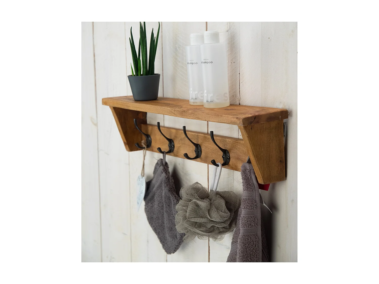 PORTE-MANTEAU MURAL Gerda 50 Bois massif, avec 5 crochets et étagère couleurs naturelles