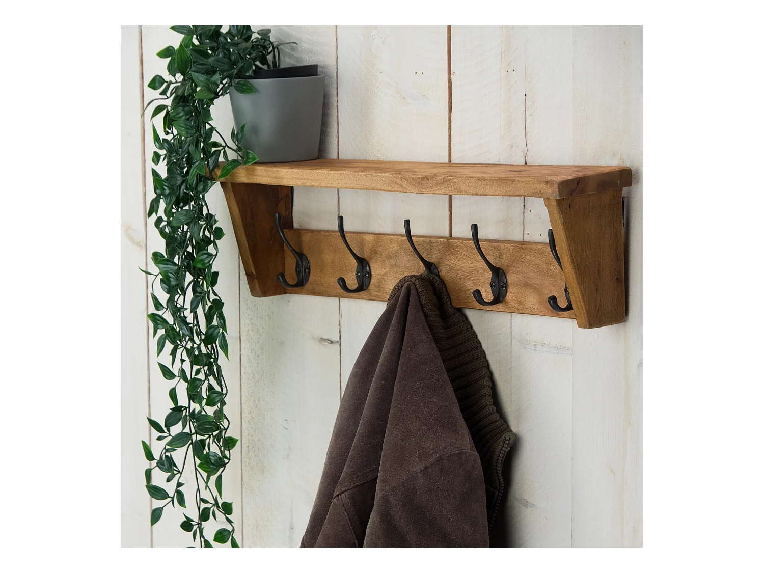 PORTE-MANTEAU MURAL Gerda 50 Bois massif, avec 5 crochets et étagère couleurs naturelles