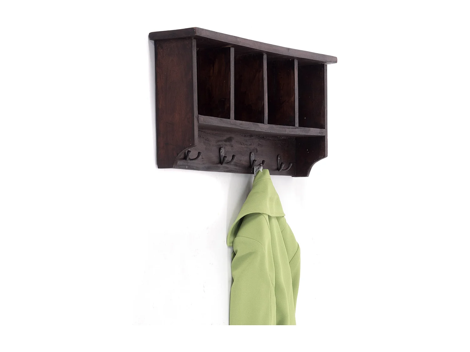 PORTE-MANTEAU MURAL VINTAGE 70 Bois de recyclage massif, 4 crochets doubles, 4 compartiments, étagère 03 dunkelbraun