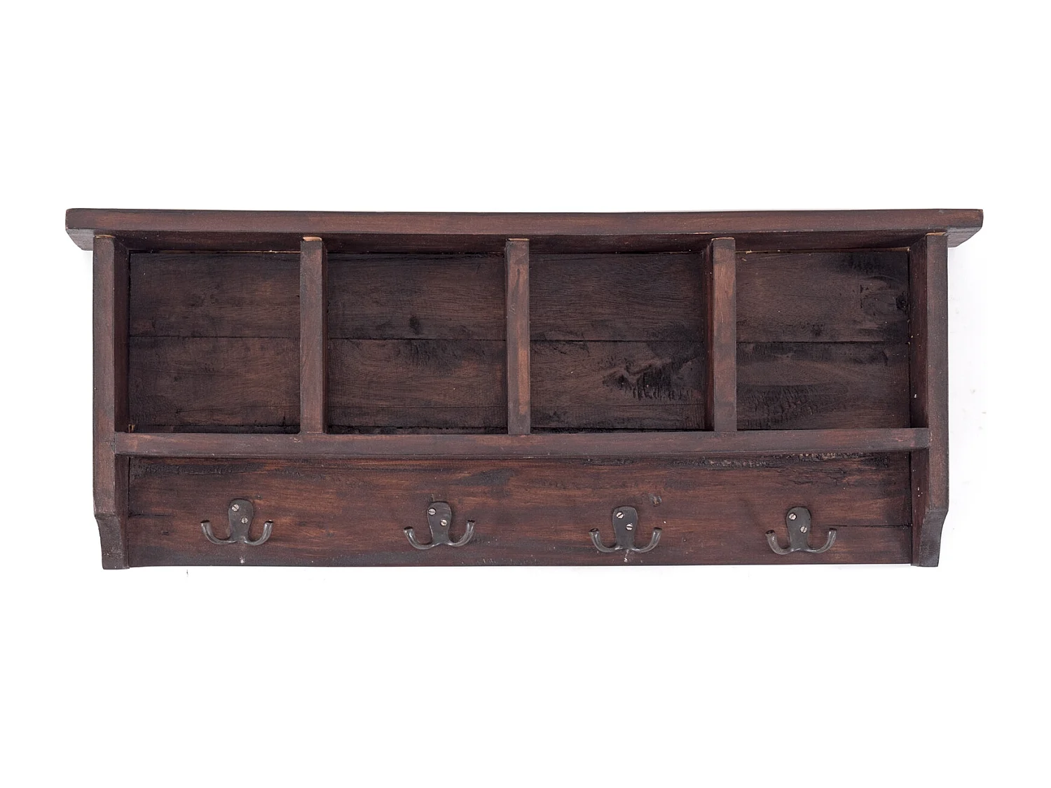 PORTE-MANTEAU MURAL VINTAGE 70 Bois de recyclage massif, 4 crochets doubles, 4 compartiments, étagère 03 dunkelbraun