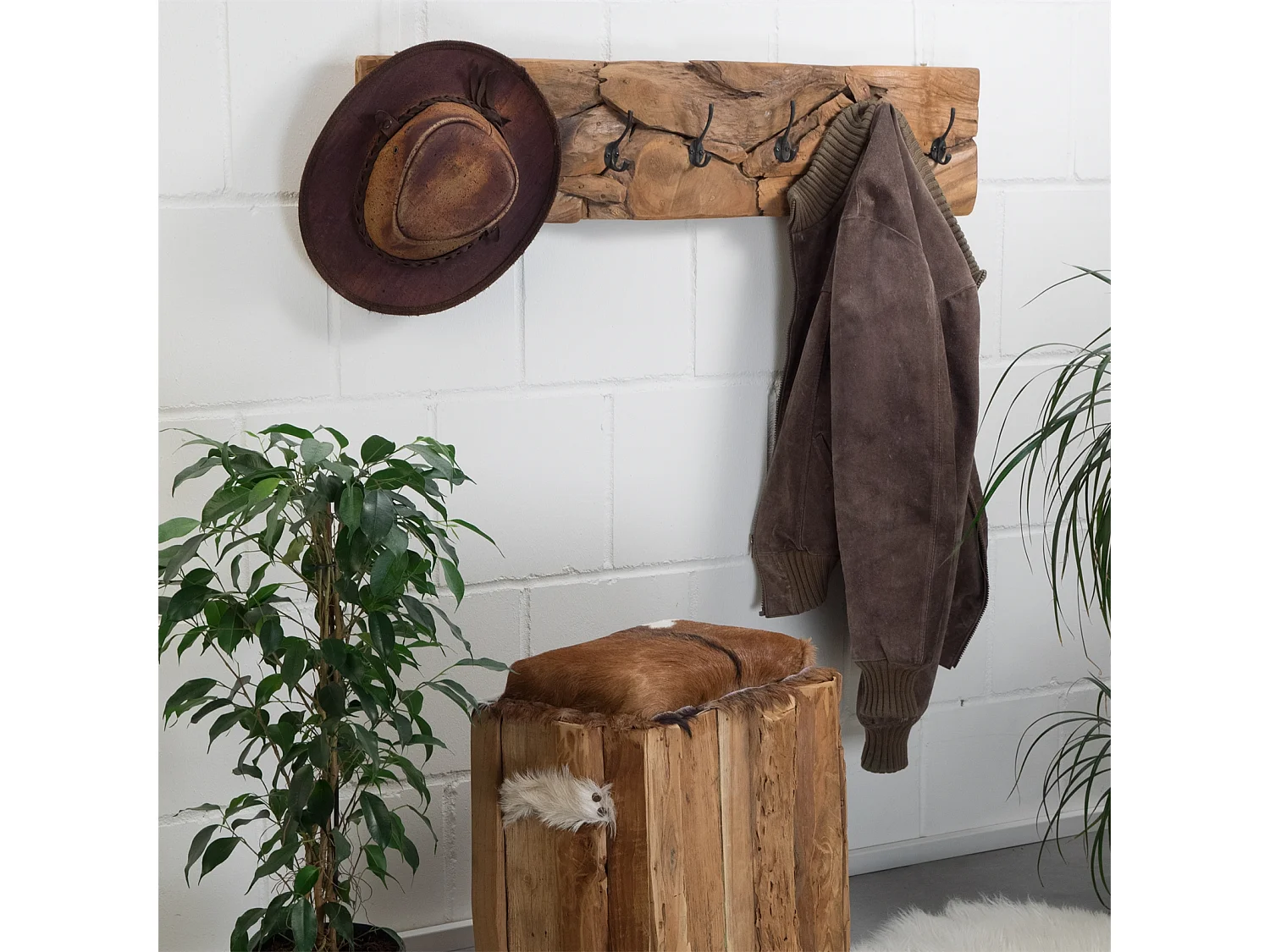 PORTE-MANTEAU MURAL Mina 90 7 crochets, bois flotté couleurs naturelles