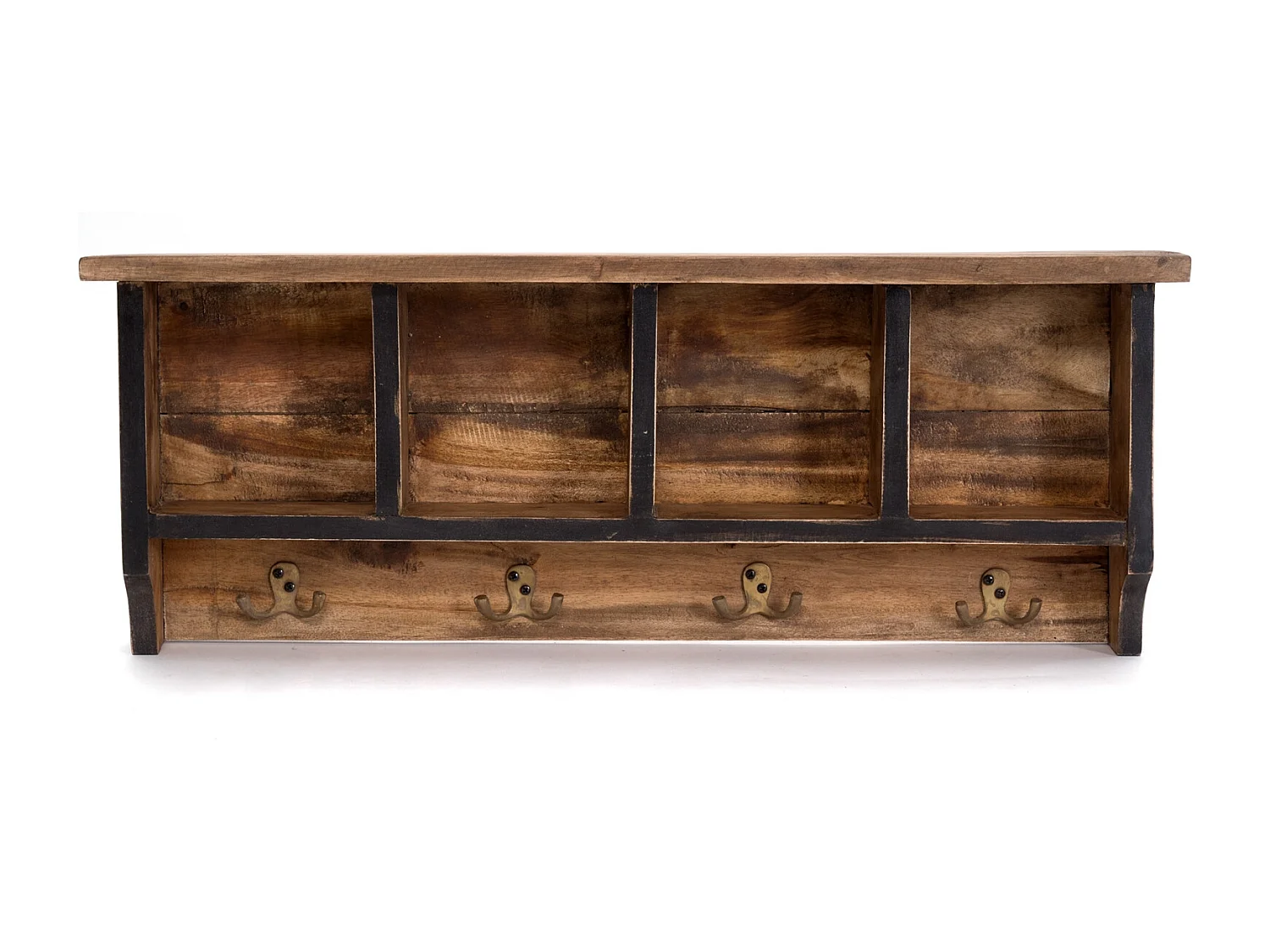 PORTE-MANTEAU MURAL VINTAGE 70 Bois de recyclage massif, 4 crochets doubles, 4 compartiments, étagère 04 schwarz-natur