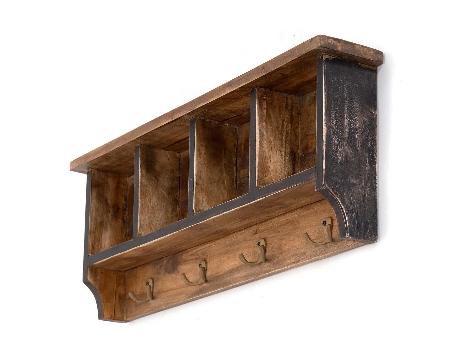 PORTE-MANTEAU MURAL VINTAGE 70 Bois de recyclage massif, 4 crochets doubles, 4 compartiments, étagère 04 schwarz-natur