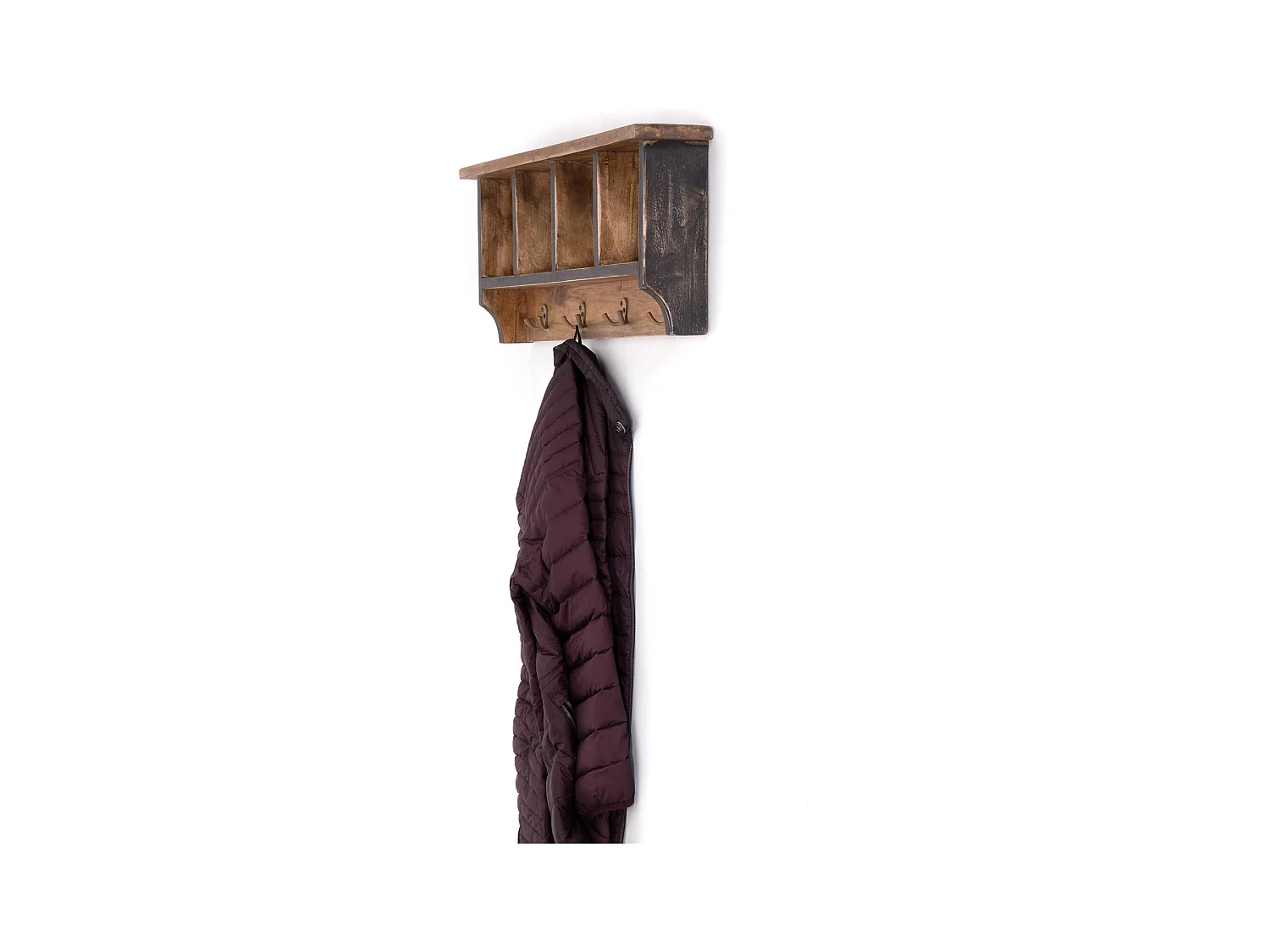 WANDGARDEROBE VINTAGE 70 Recyclingholz massiv, 4 Doppelhaken, 4 Fächer, Ablage 04 schwarz-natur