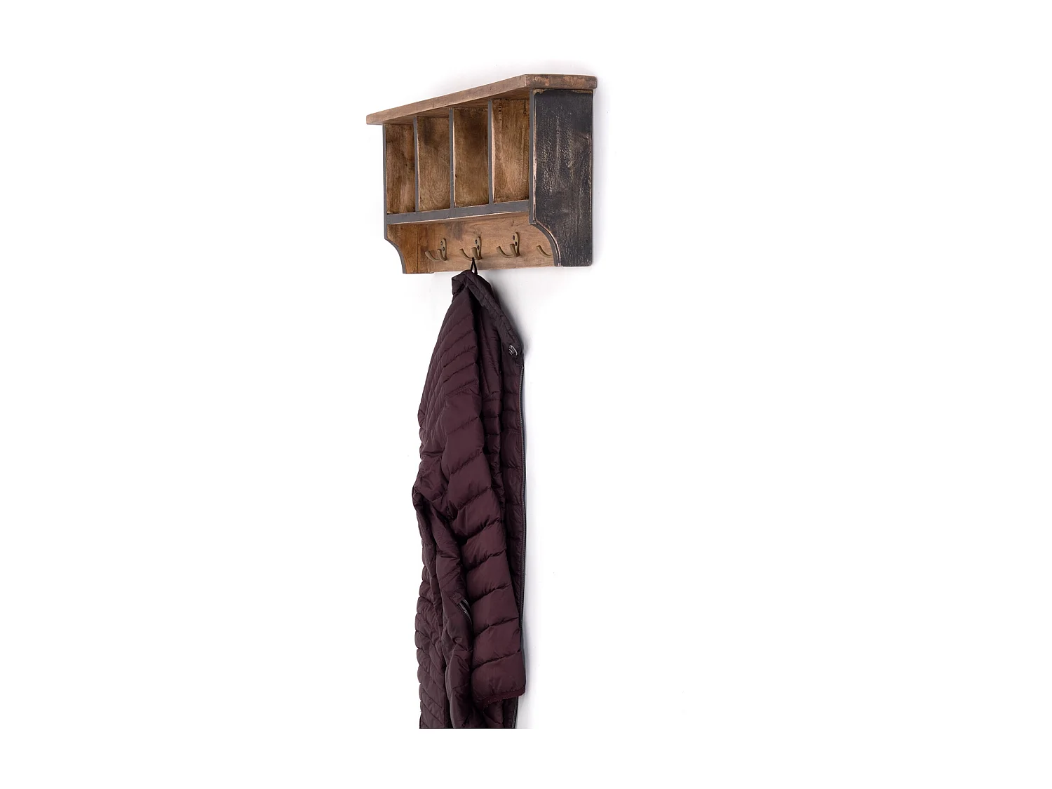 PORTE-MANTEAU MURAL VINTAGE 70 Bois de recyclage massif, 4 crochets doubles, 4 compartiments, étagère 04 schwarz-natur