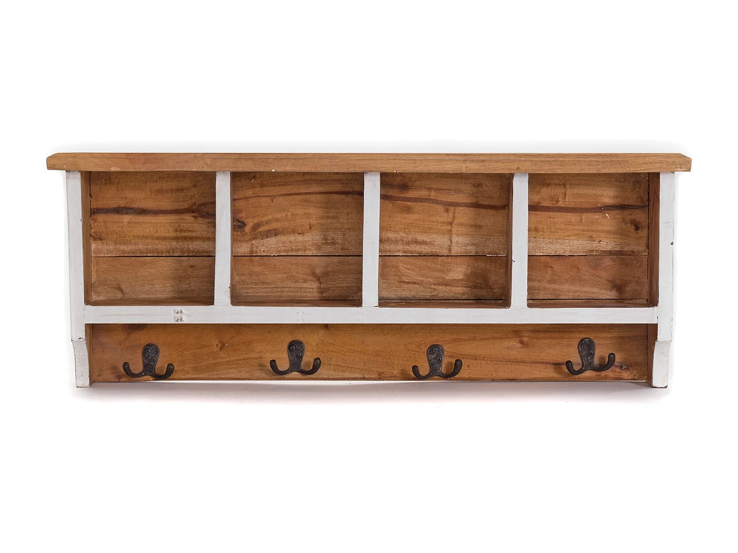 PORTE-MANTEAU MURAL VINTAGE 70 Bois de recyclage massif, 4 crochets doubles, 4 compartiments, étagère 06 weiß-landhaus