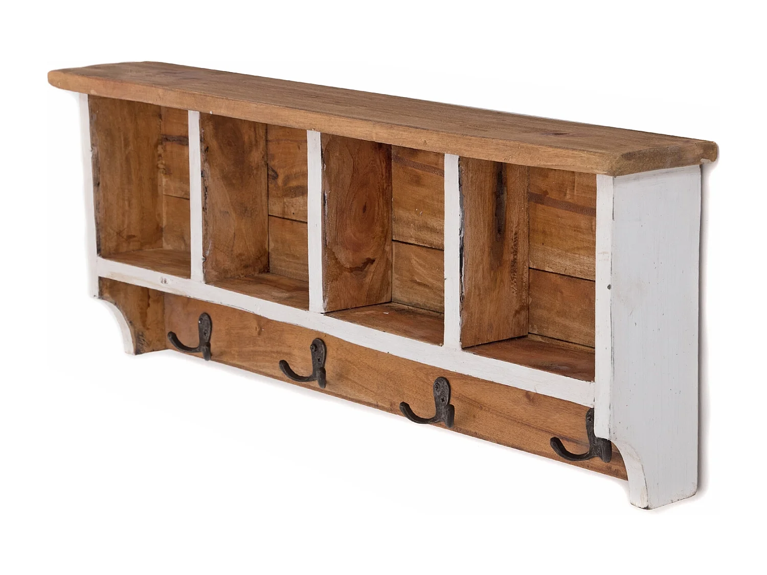 PORTE-MANTEAU MURAL VINTAGE 70 Bois de recyclage massif, 4 crochets doubles, 4 compartiments, étagère 06 weiß-landhaus