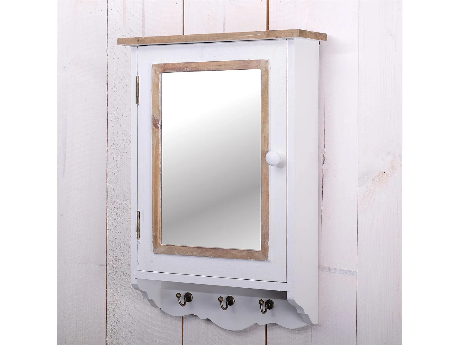 SCHLÜSSELSCHRANK PAULA mit Spiegel und 3 Haken weiß-natur