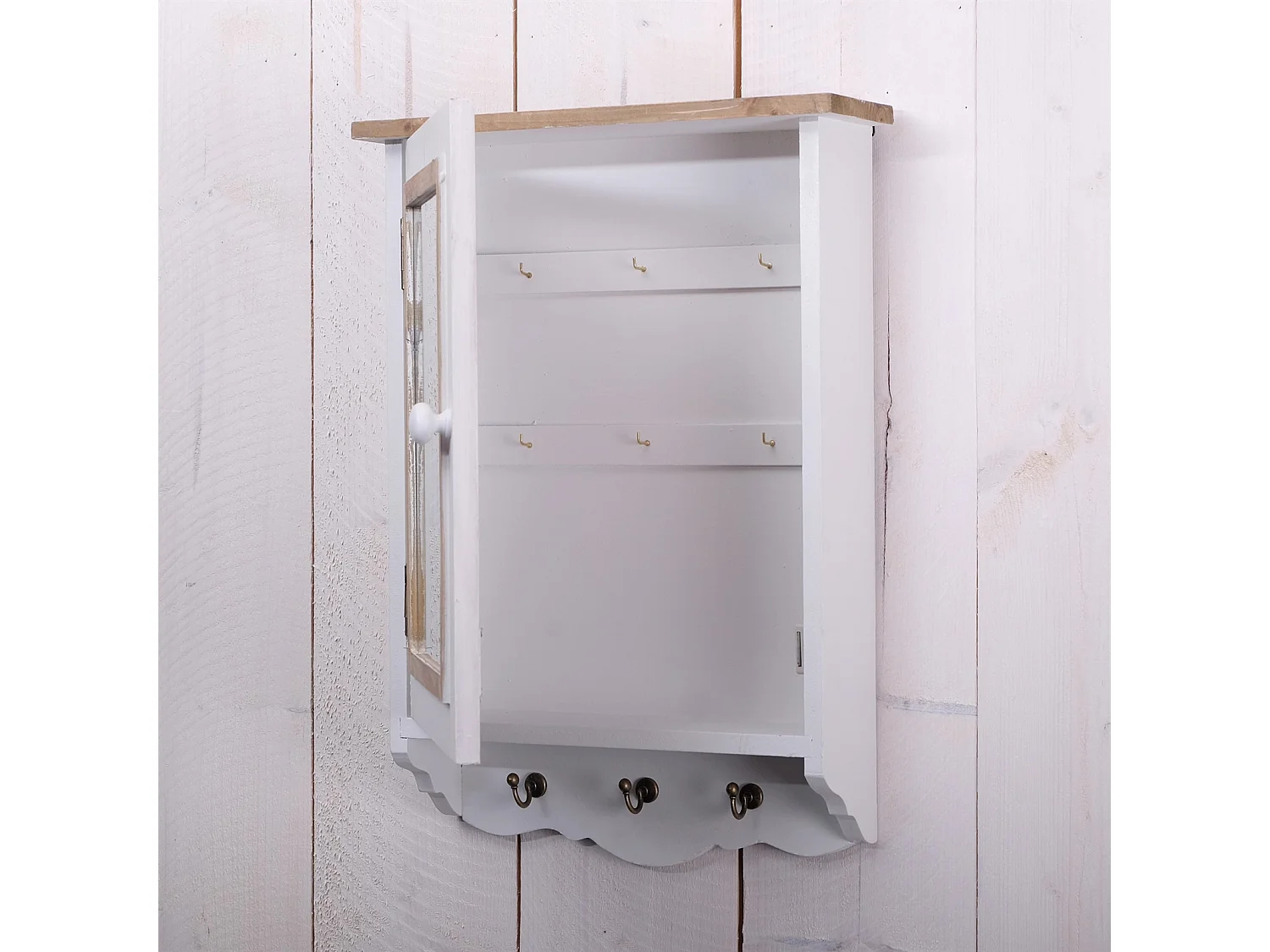 SCHLÜSSELSCHRANK PAULA mit Spiegel und 3 Haken weiß-natur