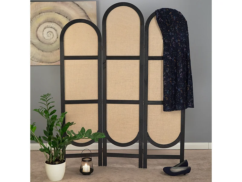RAUMTEILER  Arco 3-tlg.  Leinen, Holz schwarz-natur