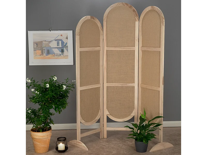 RAUMTEILER  Arco 3-tlg.  Leinen, Holz braun-natur