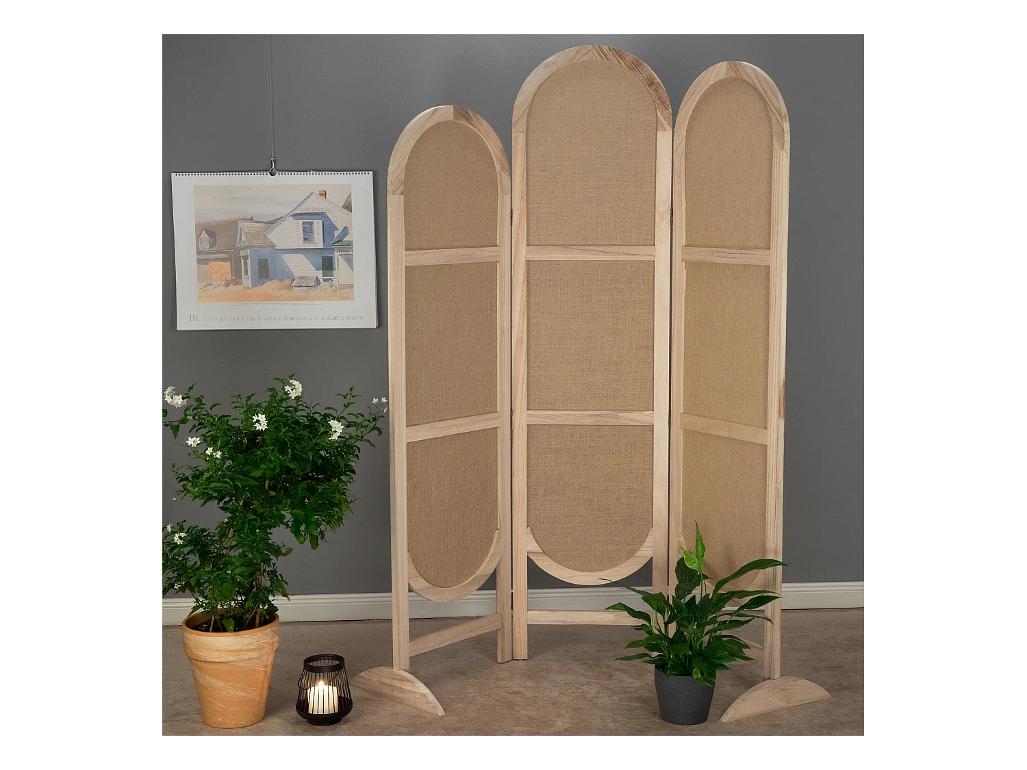 PARAVENT Arco 3 pièces. Lin, bois braun-natur
