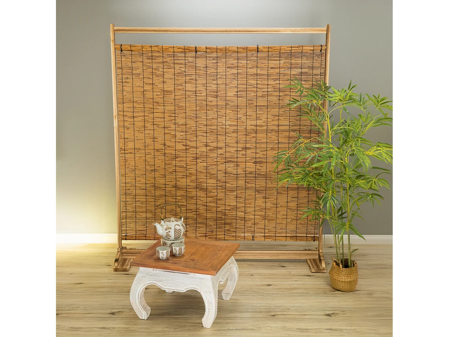 PARAVENT Amara 170x150 cm, bois, roseau, avec pieds de support couleurs naturelles