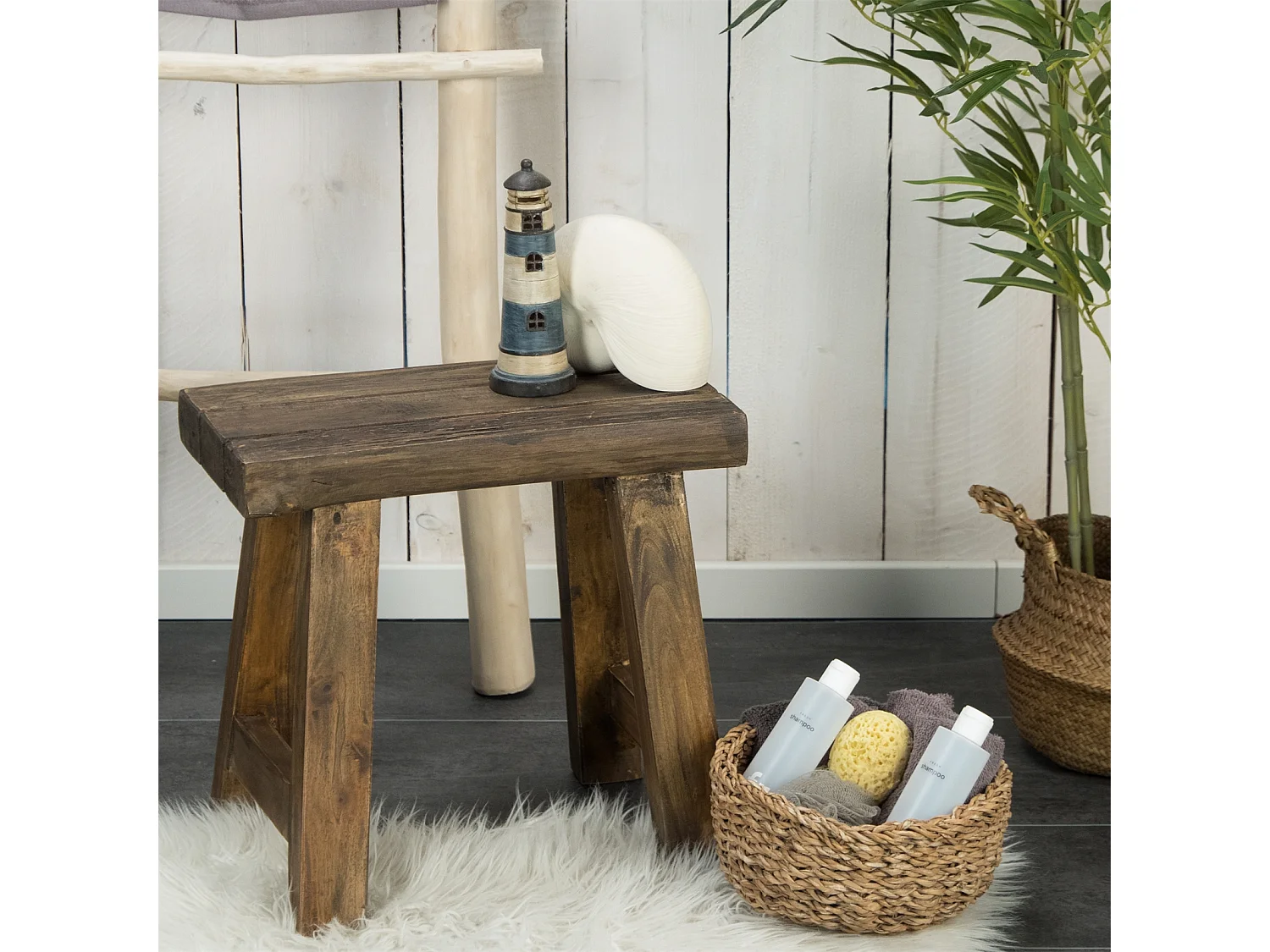 TABOURET Rustique Teck massif brun rustique
