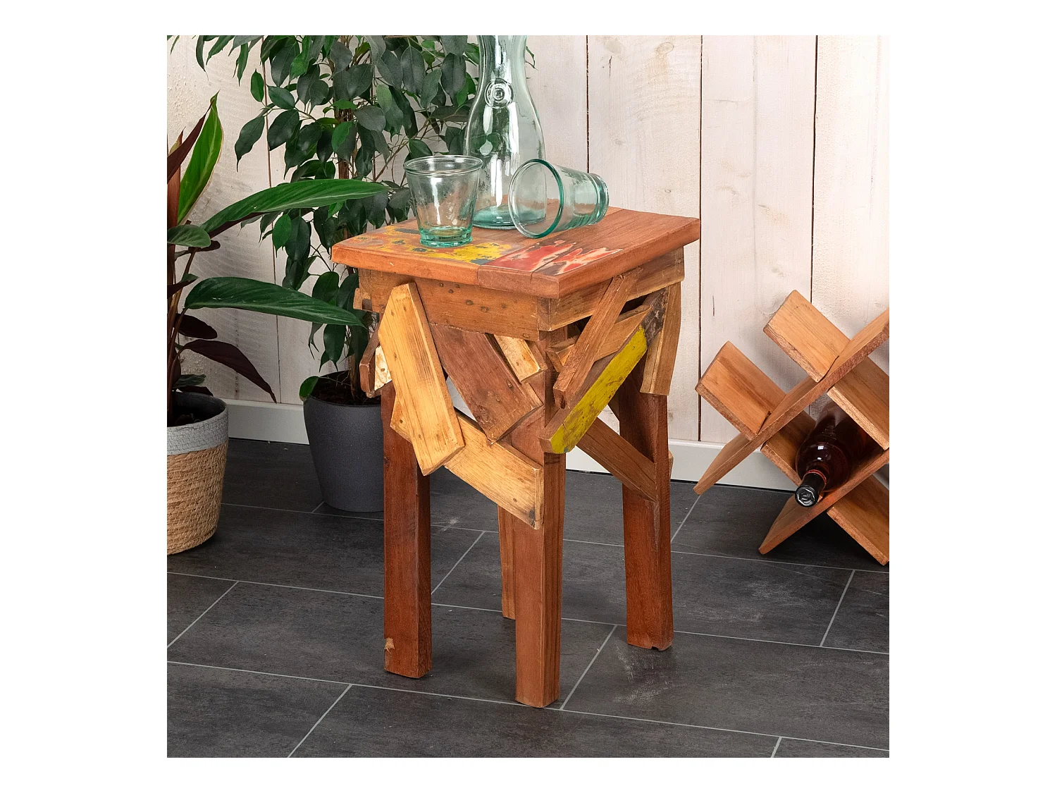 TABOURET Épars 52x30 cm, bois de recyclage massif nature-coloré