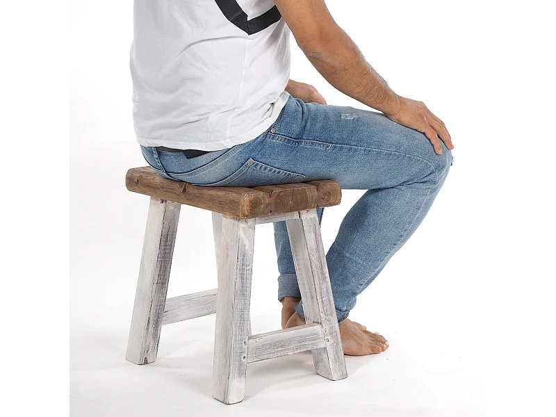 SITZHOCKER Rustic Teakholz massiv 05 weiß-natur