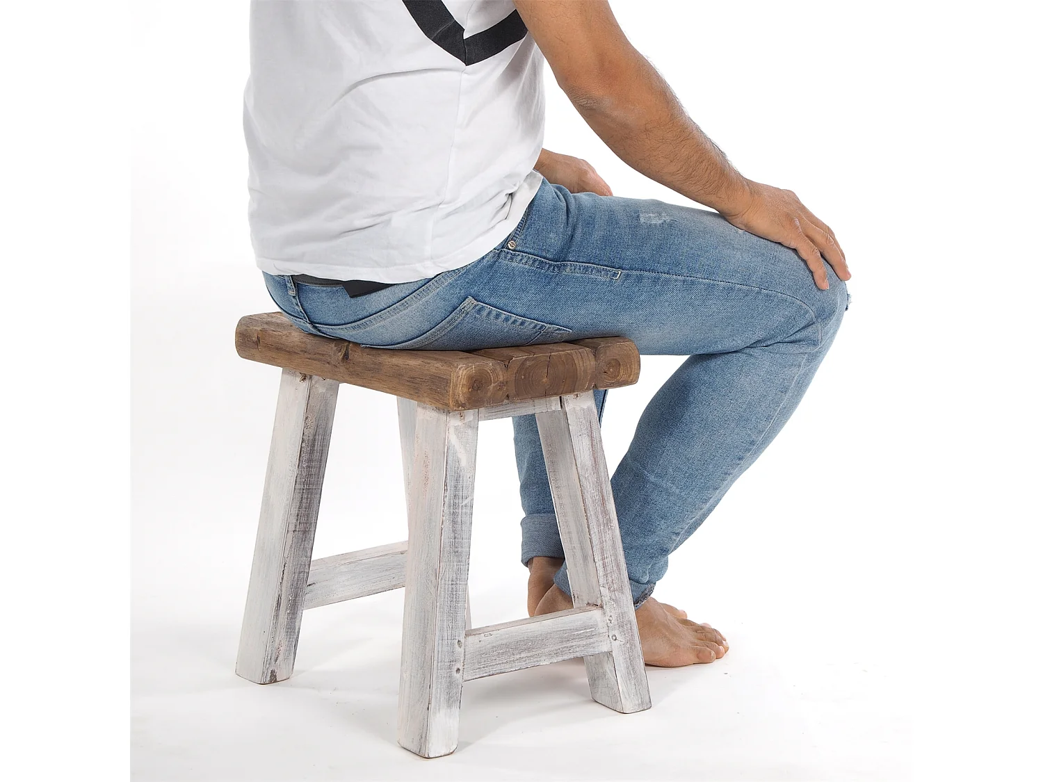 SITZHOCKER Rustic Teakholz massiv 05 weiß-natur