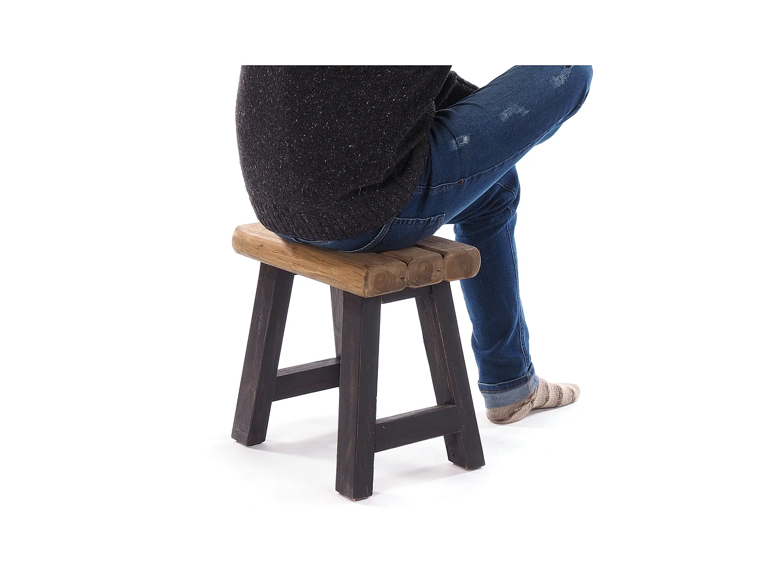 SITZHOCKER Rustic Teakholz massiv 04 schwarz-natur