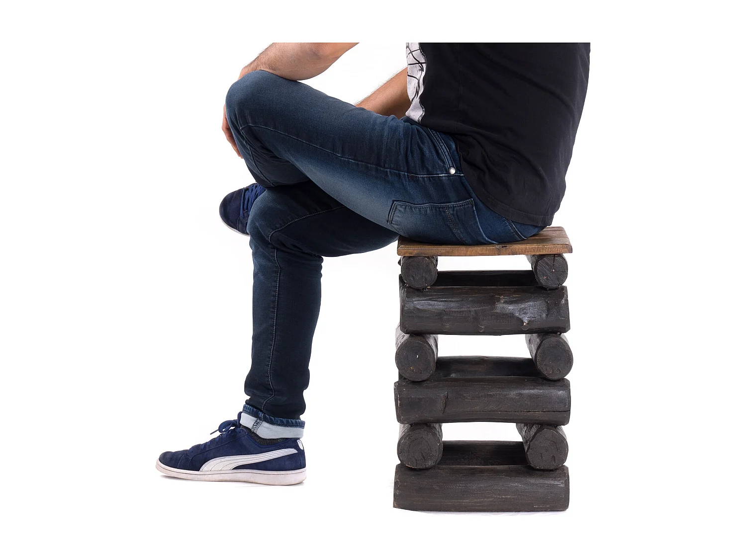 TABOURET BLOC 38 Bois massif recyclé en teck 04 schwarz-natur