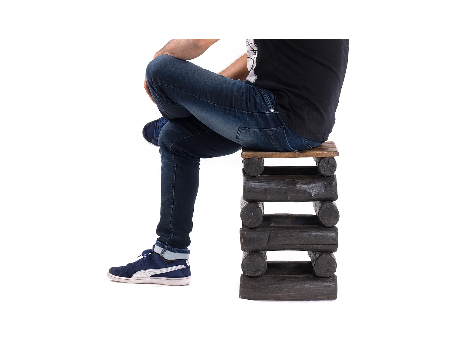 TABOURET BLOC 38 Bois massif recyclé en teck 04 schwarz-natur
