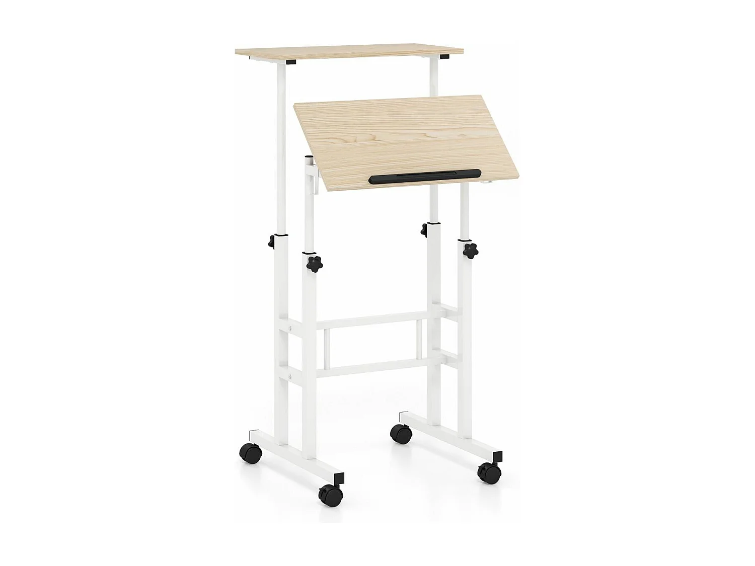 Bureau Assis-Debout à roulettes, Table Informatique à 2 Niveaux pour Ordinateur avec Hauteur Réglable et Cadre en Acier, Ergonomique pour Maison et Bureau, Style Moderne (Naturel)