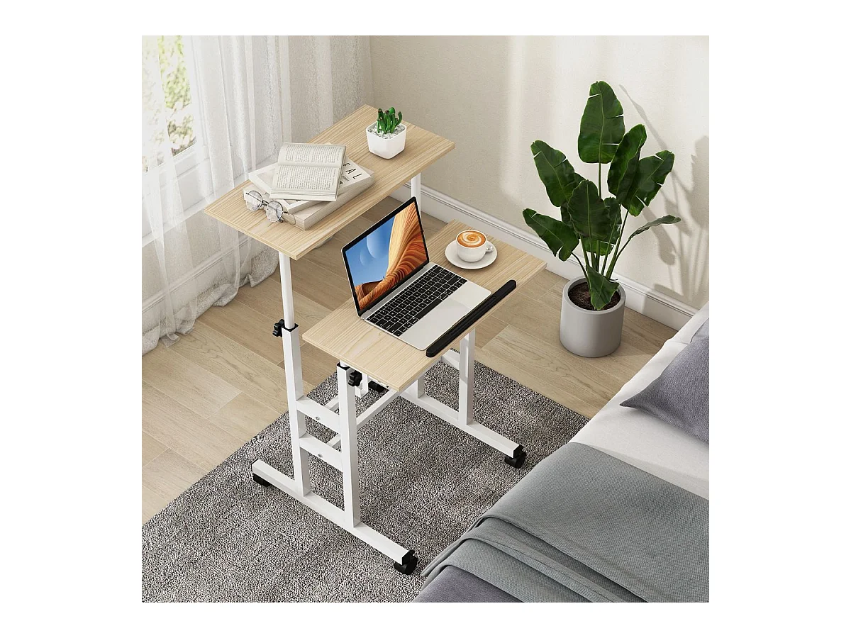 Bureau Assis-Debout à roulettes, Table Informatique à 2 Niveaux pour Ordinateur avec Hauteur Réglable et Cadre en Acier, Ergonomique pour Maison et Bureau, Style Moderne (Naturel)
