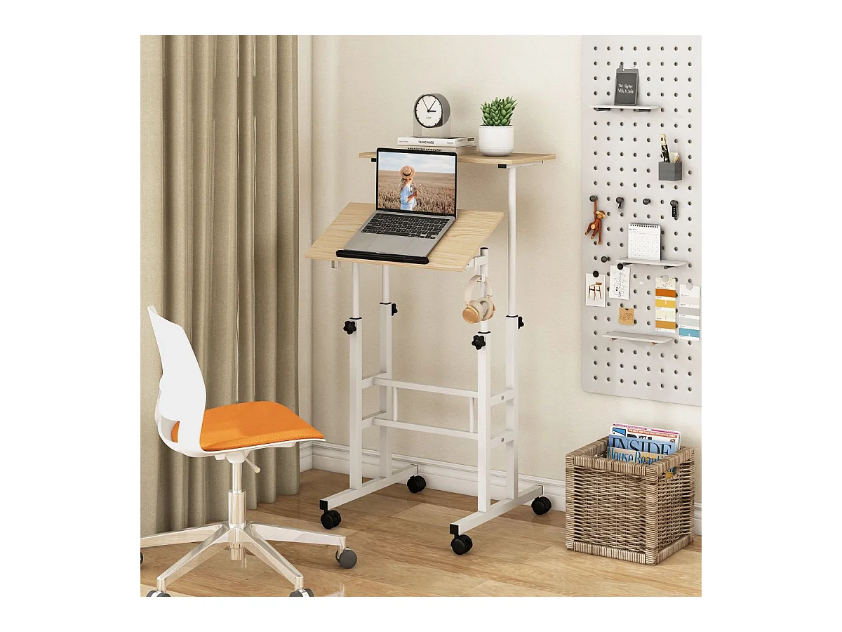 Bureau Assis-Debout à roulettes, Table Informatique à 2 Niveaux pour Ordinateur avec Hauteur Réglable et Cadre en Acier, Ergonomique pour Maison et Bureau, Style Moderne (Naturel)