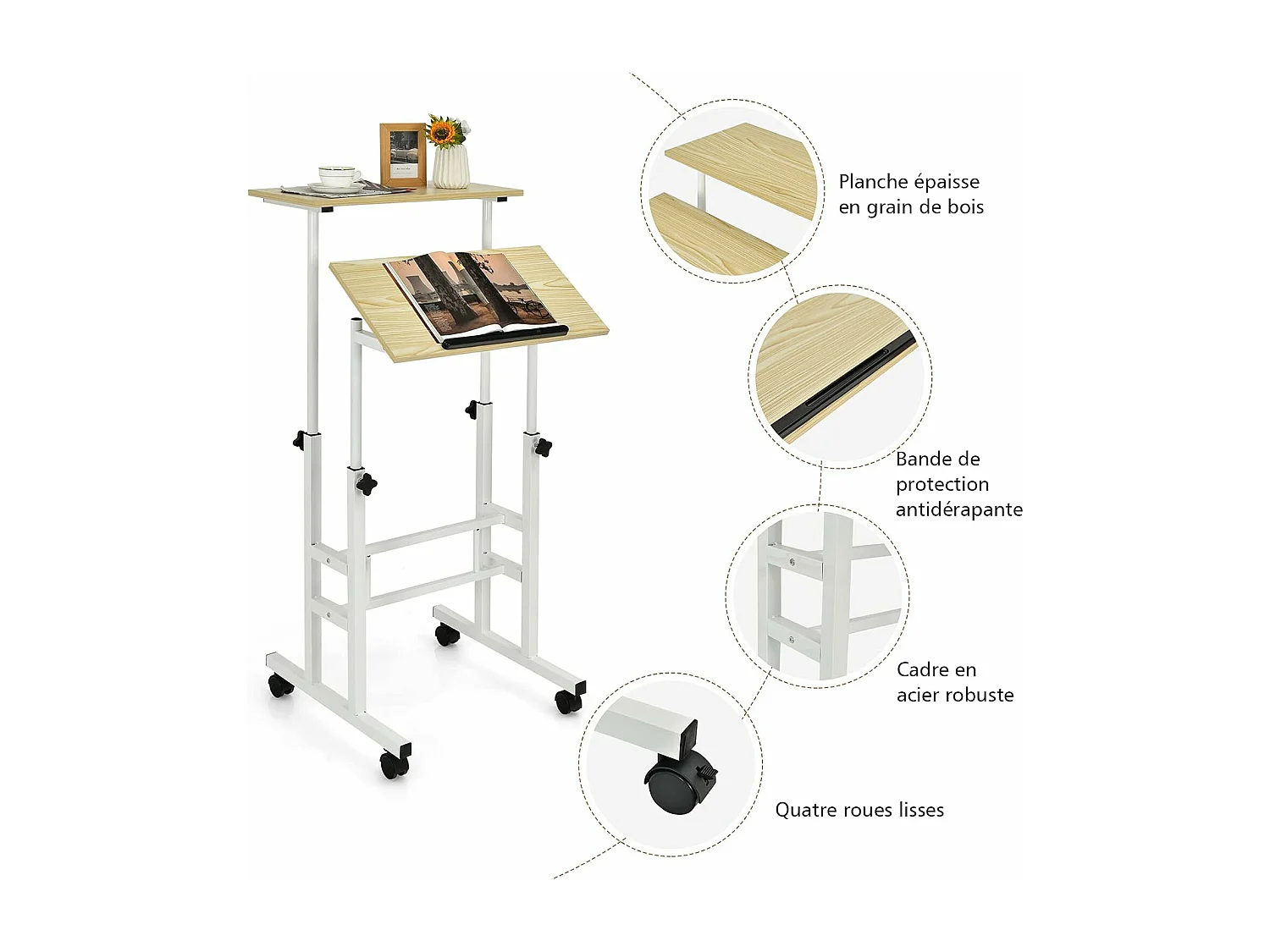 Bureau Assis-Debout à roulettes, Table Informatique à 2 Niveaux pour Ordinateur avec Hauteur Réglable et Cadre en Acier, Ergonomique pour Maison et Bureau, Style Moderne (Naturel)