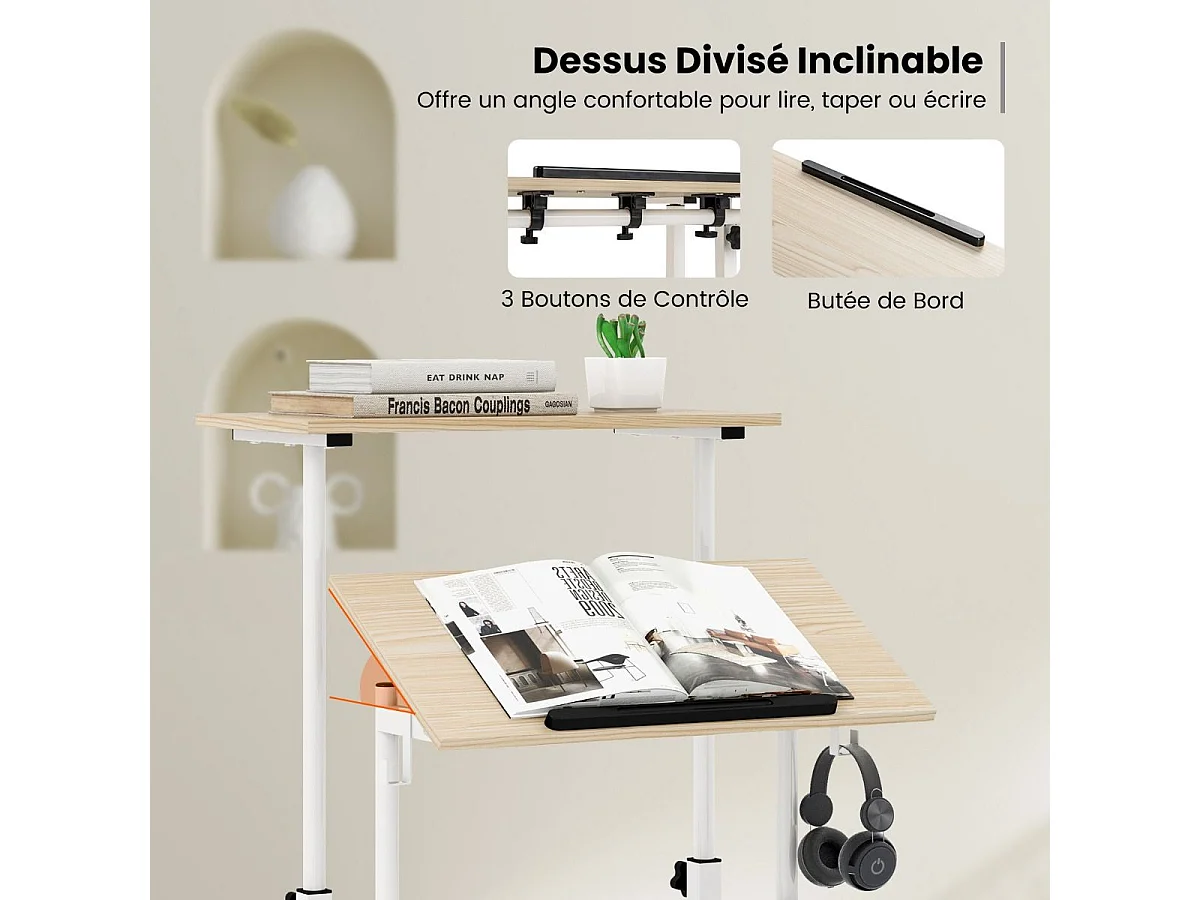 Bureau Assis-Debout à roulettes, Table Informatique à 2 Niveaux pour Ordinateur avec Hauteur Réglable et Cadre en Acier, Ergonomique pour Maison et Bureau, Style Moderne (Naturel)
