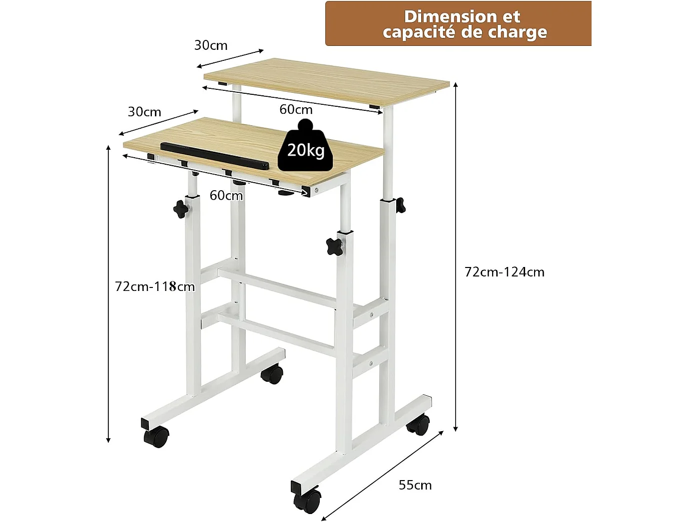 Bureau Assis-Debout à roulettes, Table Informatique à 2 Niveaux pour Ordinateur avec Hauteur Réglable et Cadre en Acier, Ergonomique pour Maison et Bureau, Style Moderne (Naturel)