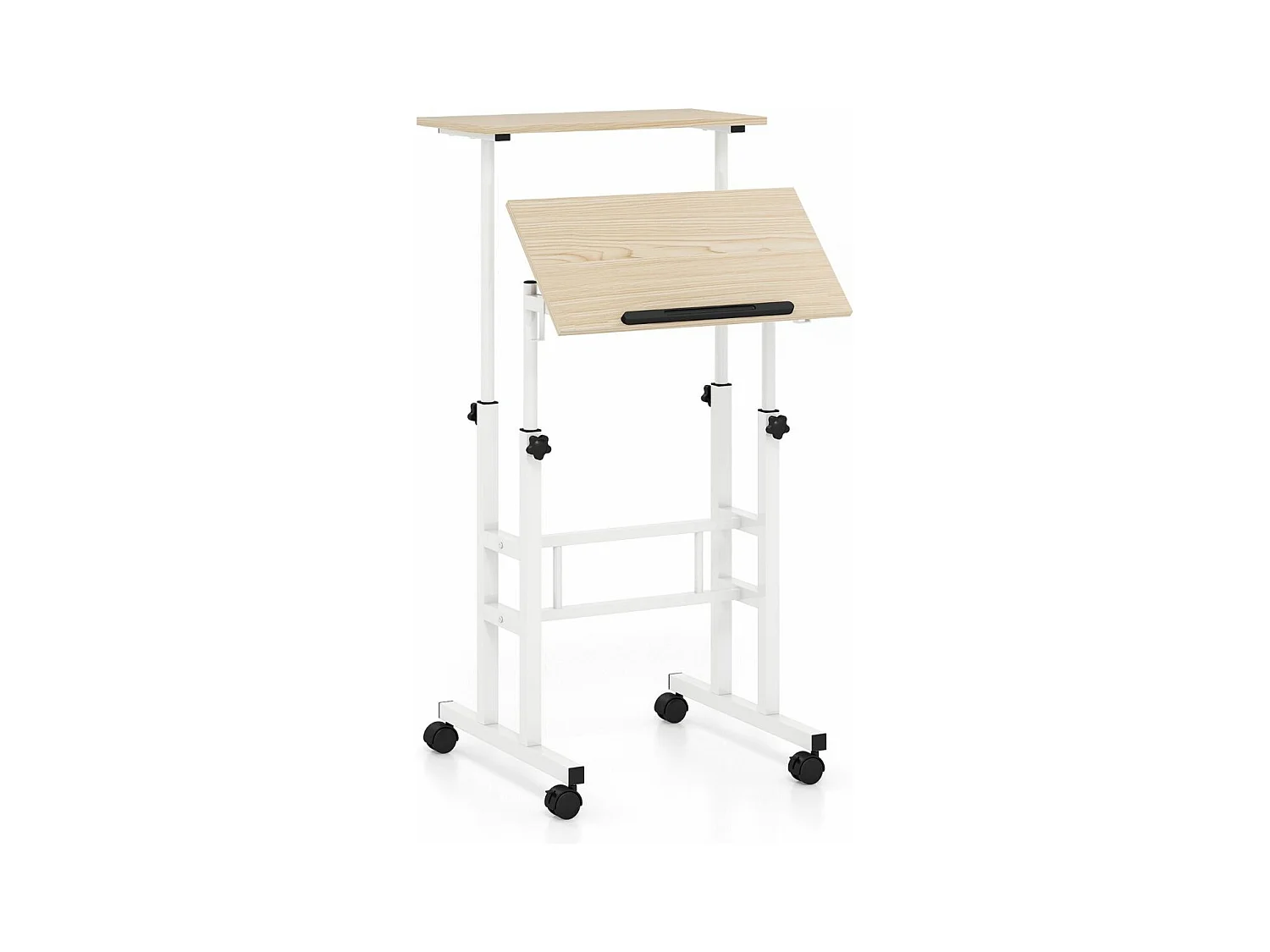 Bureau Assis-Debout à roulettes, Table Informatique à 2 Niveaux pour Ordinateur avec Hauteur Réglable et Cadre en Acier, Ergonomique pour Maison et Bureau, Style Moderne (Naturel)