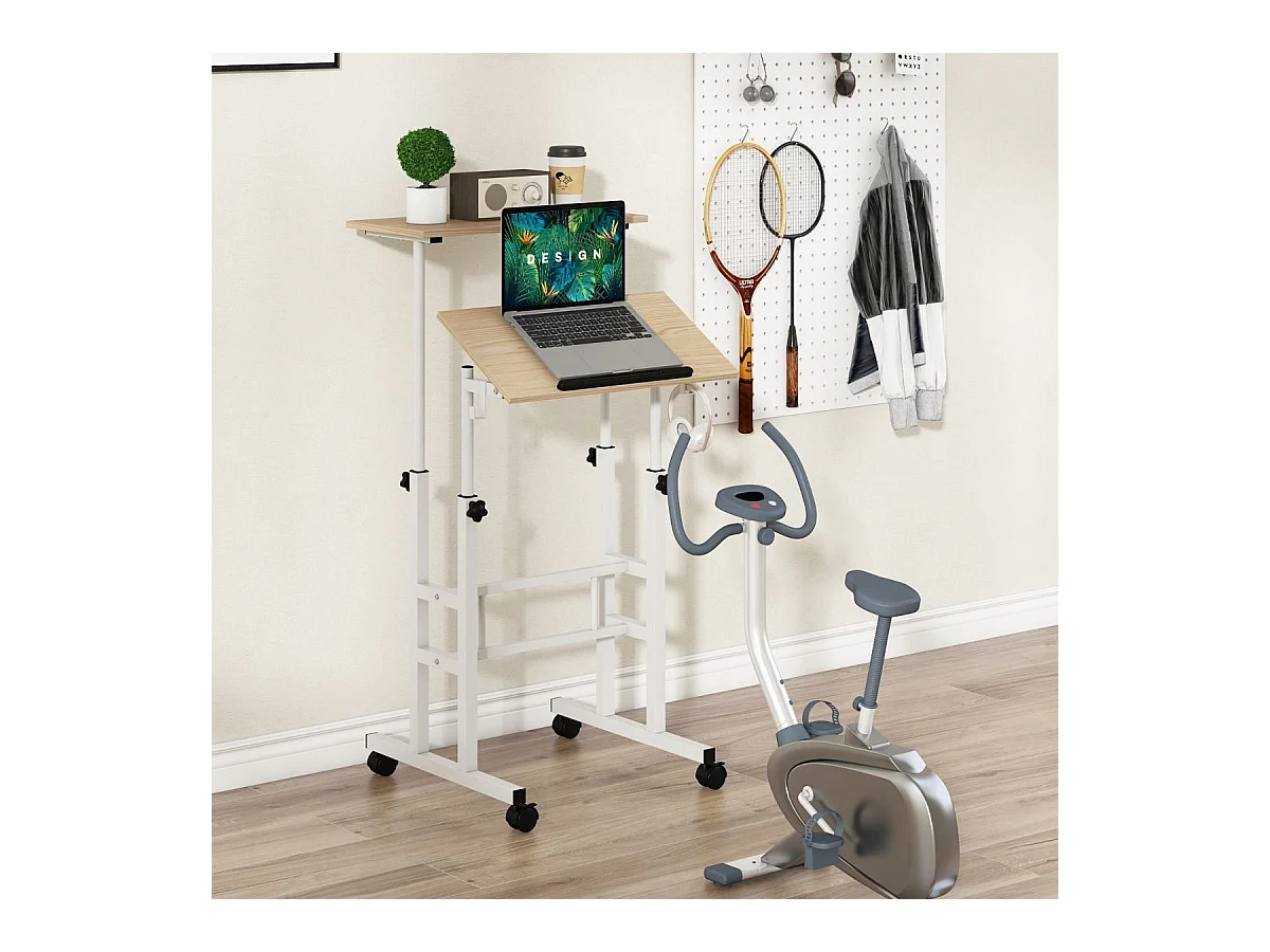 Zit-sta bureau met wielen, 2-laags computertafel met verstelbare hoogte en stalen frame, ergonomisch voor thuis en op kantoor, moderne stijl (natuurlijk)