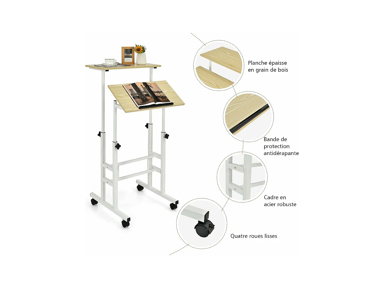 Zit-sta bureau met wielen, 2-laags computertafel met verstelbare hoogte en stalen frame, ergonomisch voor thuis en op kantoor, moderne stijl (natuurlijk)